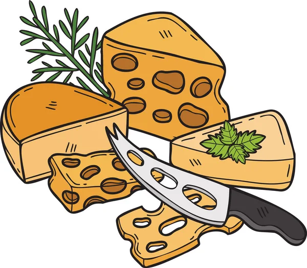 Hand Drawn Cheese Cheese Knife Illustration Doodle Style Isolated Background — Wektor stockowy