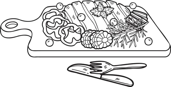 Hand Drawn Beef Steak Wooden Chopping Board Knife Fork Illustration — Stock vektor