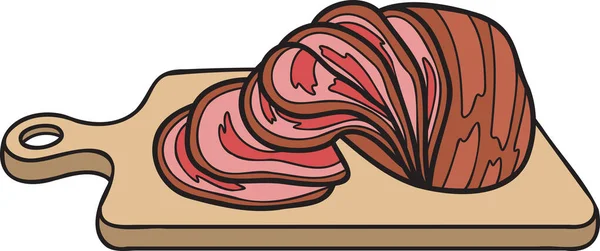 Hand Drawn Sliced Ham Wooden Chopping Board Illustration Doodle Style — Vettoriale Stock
