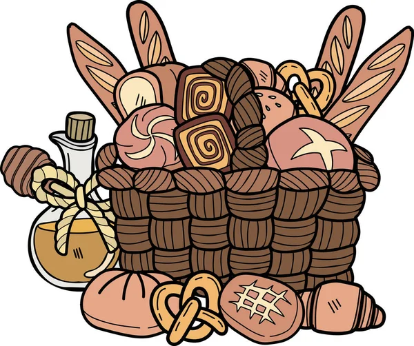Hand Drawn Set Bread Basket Illustration Doodle Style Isolated Background — Vetor de Stock