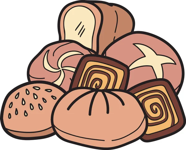 Hand Drawn Assorted Bread Illustration Doodle Style Isolated Background — Vettoriale Stock