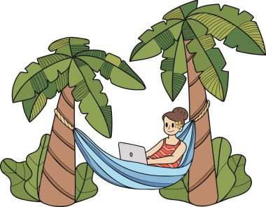 Hand Drawn Freelance woman working on laptop under coconut tree illustration in doodle style isolated on background