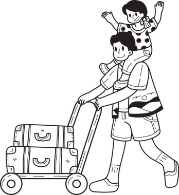 Hand Drawn Male tourist holding baby with travel bag illustration in doodle style isolated on background