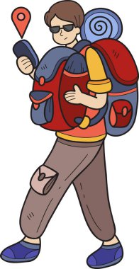 Hand Drawn Male tourist looking at map on smartphone illustration in doodle style isolated on background