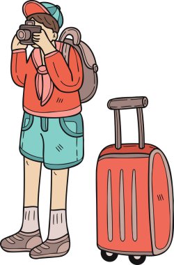 Hand Drawn Male tourist taking pictures with suitcases illustration in doodle style isolated on background