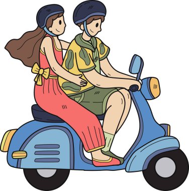 Hand Drawn couple riding a scooter illustration in doodle style isolated on background