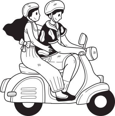 Hand Drawn couple riding a scooter illustration in doodle style isolated on background
