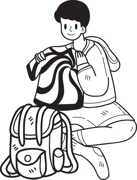 Mão Turistas Desenhados Sentado Embalagem Bagagem Ilustração Estilo Doodle Isolado — Vetor de Stock