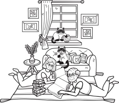 Hand Drawn Elderly reading a book with a cat illustration in doodle style isolated on background