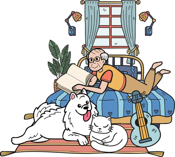 Hand Drawn Elderly Reading Books Dogs Cats Illustration Doodle Style — Vetor de Stock