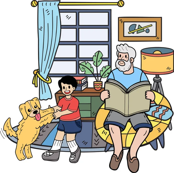 Hand Drawn Elderly Reading Book Dog Illustration Doodle Style Isolated — Image vectorielle
