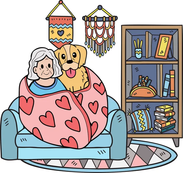 Hand Drawn Elderly Holding Dog Illustration Doodle Style Isolated Background — Stock Vector