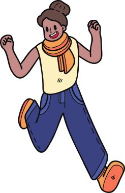 İş kadını sevinç çizimi için zıplıyor arka planda karalama tarzıyla izole edilmiş