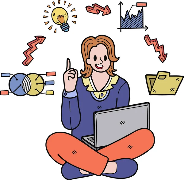 Podnikatelka Dělá Multitasking Ilustrace Stylu Doodle Izolované Pozadí — Stockový vektor