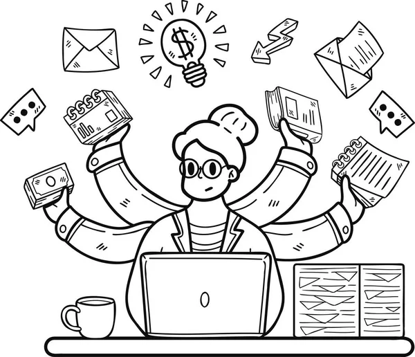 Podnikatelka Dělá Multitasking Ilustrace Stylu Doodle Izolované Pozadí — Stockový vektor