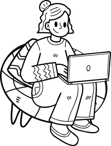 Teenage Business Žena Sedí Práci Notebookem Ilustrace Doodle Stylu Izolované — Stockový vektor