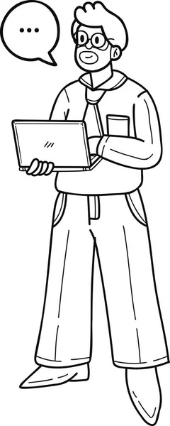 Muž Podnikatel Stojící Notebookem Prezentace Ilustrace Stylu Doodle Izolované Pozadí — Stockový vektor