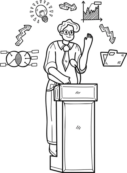 Obchodník Prezentující Pódiu Jistotou Ilustrace Stylu Doodle Izolované Pozadí — Stockový vektor