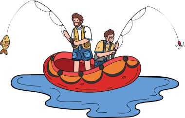 Baba ve oğul arka planda izole edilmiş karalama tarzında bir teknede balık tutuyorlar.