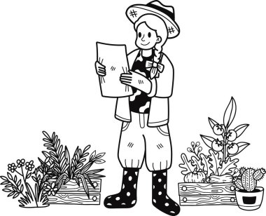 Kadın bahçıvan arka planda karalama tarzında bir ağaç çizimi dikmeyi planlıyor.