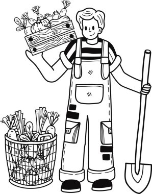 Bahçıvan arka planda izole edilmiş karalama tarzında sebze yetiştiriyor.