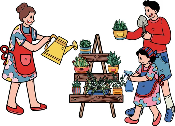 Οικογένεια Βοηθώντας Στη Φροντίδα Για Φυτά Γλάστρες Εικονογράφηση Στυλ Doodle — Διανυσματικό Αρχείο