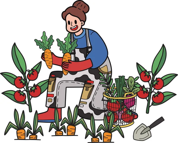 Kobieta Ogrodnik Sadzenie Marchew Ilustracja Stylu Doodle Izolowane Tle — Wektor stockowy