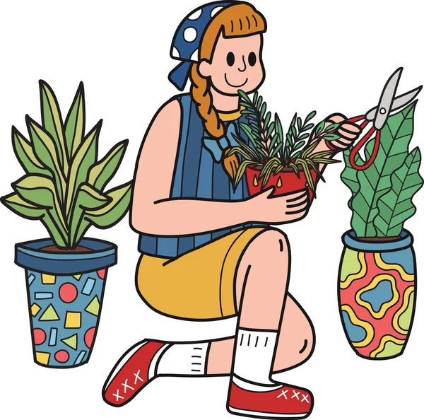 Mujer Joven Plantando Plantas Macetas Ilustración Estilo Garabato Aislado Sobre — Archivo Imágenes Vectoriales