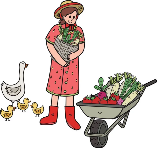 Gärtner Mit Einem Wagen Mit Gemüse Illustration Doodle Stil Isoliert — Stockvektor