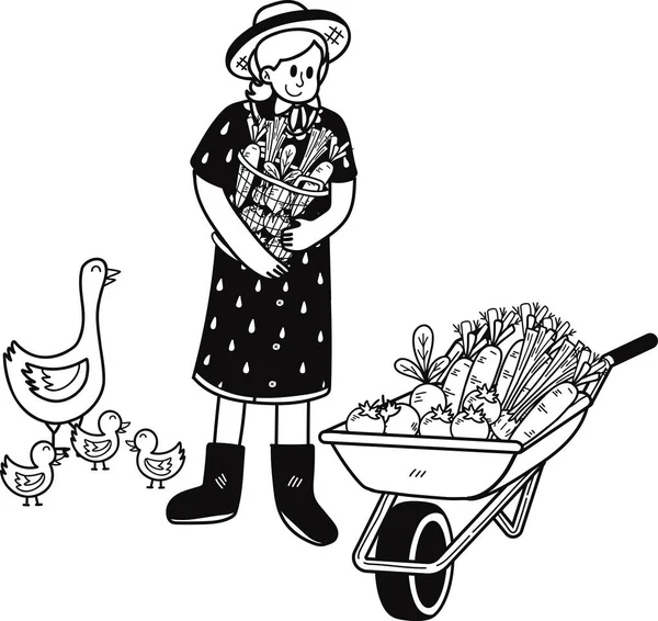 Jardinero Con Carrito Con Ilustración Verduras Estilo Garabato Aislado Sobre — Vector de stock