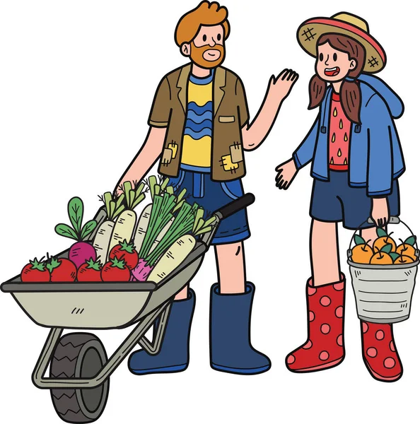 Ogrodnik Wózkiem Warzywami Ilustracja Stylu Doodle Izolowane Tle — Wektor stockowy