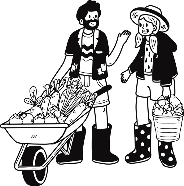 Jardinero Con Carrito Con Ilustración Verduras Estilo Garabato Aislado Sobre — Archivo Imágenes Vectoriales