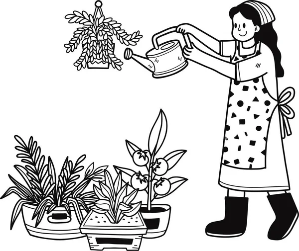 Mujer Joven Riego Plantas Ilustración Estilo Garabato Aislado Fondo — Vector de stock