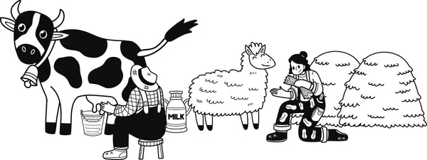 Agricultores Estão Ordenhando Vacas Alimentando Ovelhas Ilustração Estilo Doodle Isolado —  Vetores de Stock