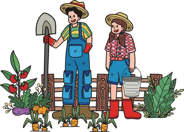 Jardinero Plantación Verduras Ilustración Estilo Garabato Aislado Sobre Fondo — Archivo Imágenes Vectoriales