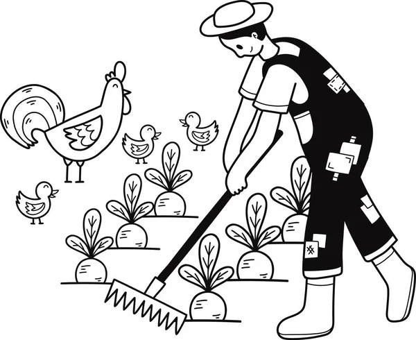 Jardinero Plantación Verduras Ilustración Estilo Garabato Aislado Sobre Fondo — Archivo Imágenes Vectoriales