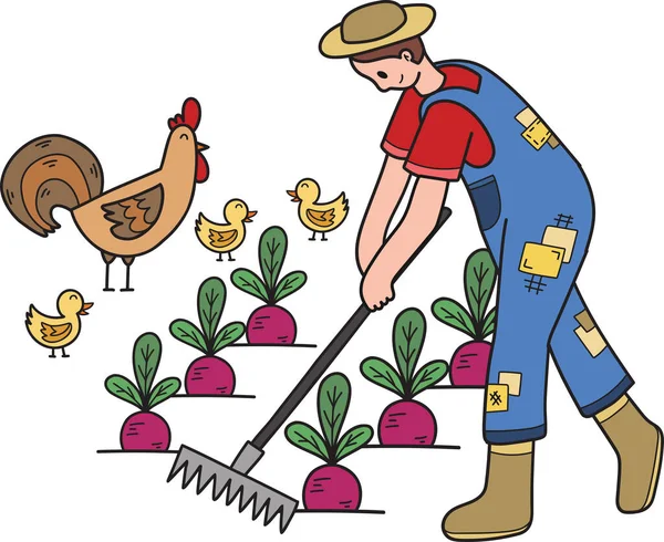 Gärtner Pflanzt Gemüse Illustration Doodle Stil Isoliert Auf Dem Hintergrund — Stockvektor