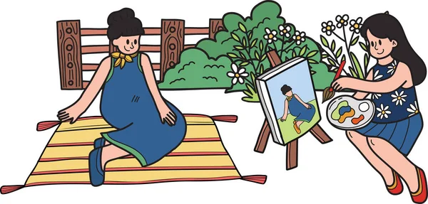 若い女性が座っていると背景に隔離されたドアのスタイルで公園のイラストで描画 — ストックベクタ