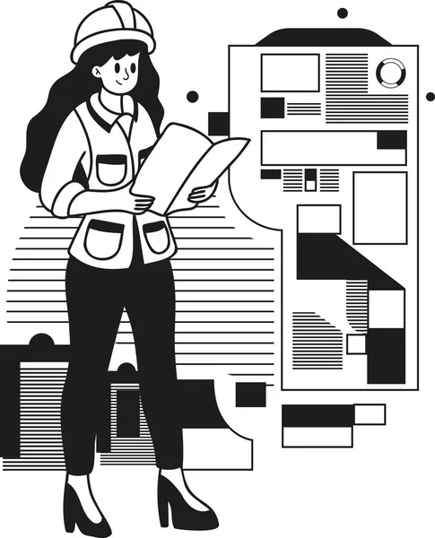 Γυναίκα Αρχιτέκτων Σχεδιασμό Ενός Σπιτιού Εικονογράφηση Στυλ Doodle Απομονώνονται Στο — Διανυσματικό Αρχείο