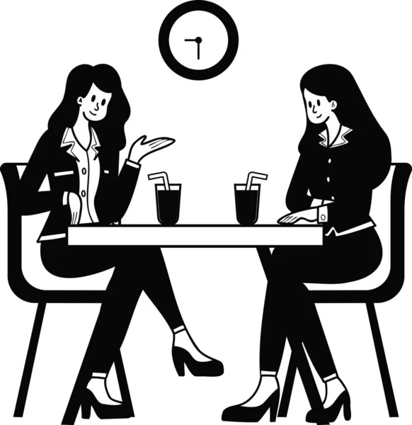 办公室女职员坐在咖啡店里聊天 带着涂鸦风格与背景隔离 — 图库矢量图片
