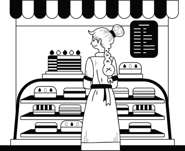 Empreendedor Feminino Com Bakery Shop Ilustração Estilo Doodle Isolado Segundo —  Vetores de Stock