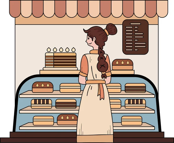 Female Entrepreneur Bakery Shop Illustration Doodle Style Isolated Background — Stock Vector