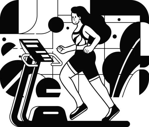 在体育馆里跑步的健康的 充满爱心的女健身者 背景音乐中带有涂鸦风格 — 图库矢量图片