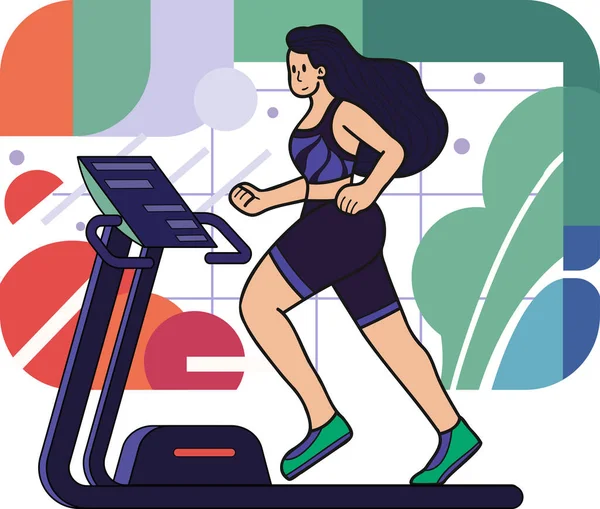 在体育馆里跑步的健康的 充满爱心的女健身者 背景音乐中带有涂鸦风格 — 图库矢量图片