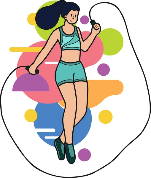 Chica Sana Fitness Saltar Ilustración Cuerda Estilo Garabato Aislado Fondo — Vector de stock