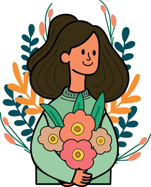 Femme Avec Fleur Dans Femme Illustration Concept Jour Dans Style — Image vectorielle