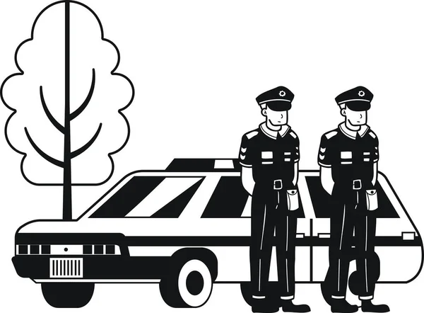 Arka Planda Polis Arabası Çizimleriyle Izole Edilmiş Bir Polis — Stok Vektör