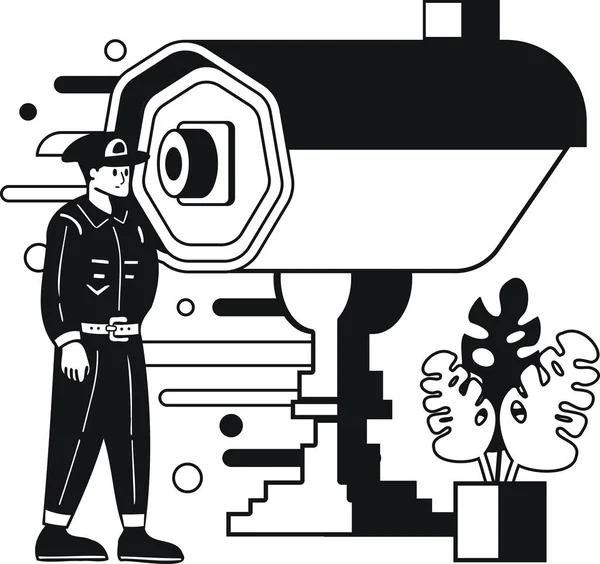 Politie Met Beveiligingscamera Illustratie Doodle Stijl Geïsoleerd Achtergrond — Stockvector