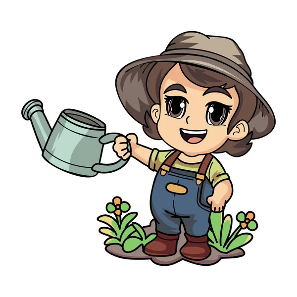 Heureux Agriculteur Femelle Avec Une Illustration Caractère Arrosoir Dans Style — Image vectorielle
