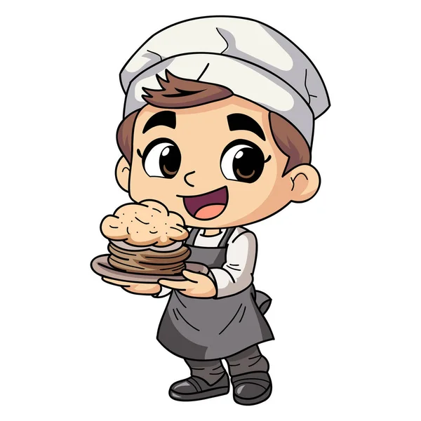 Happy Chef Kok Man Met Voedsel Illustratie Doodle Stijl Geïsoleerd — Stockvector